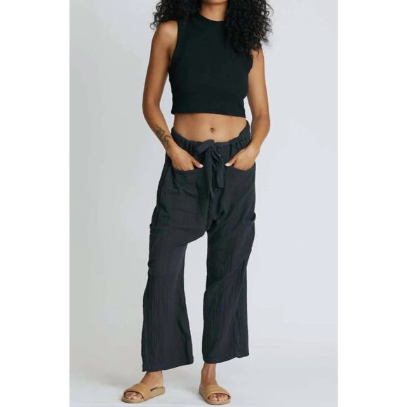 NSF Pants - NSF Cotton Gauze Camden Pant Womens XS Dark Gray Drawstring Button Drop Crotch